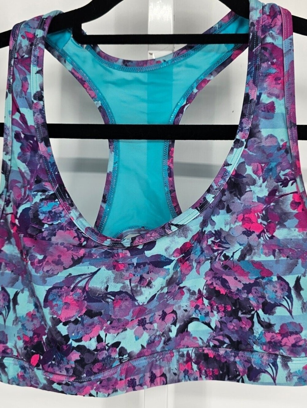 Balance Collection Sz M Racerback Sports Bra Medium Impact Purple Blue Floral
